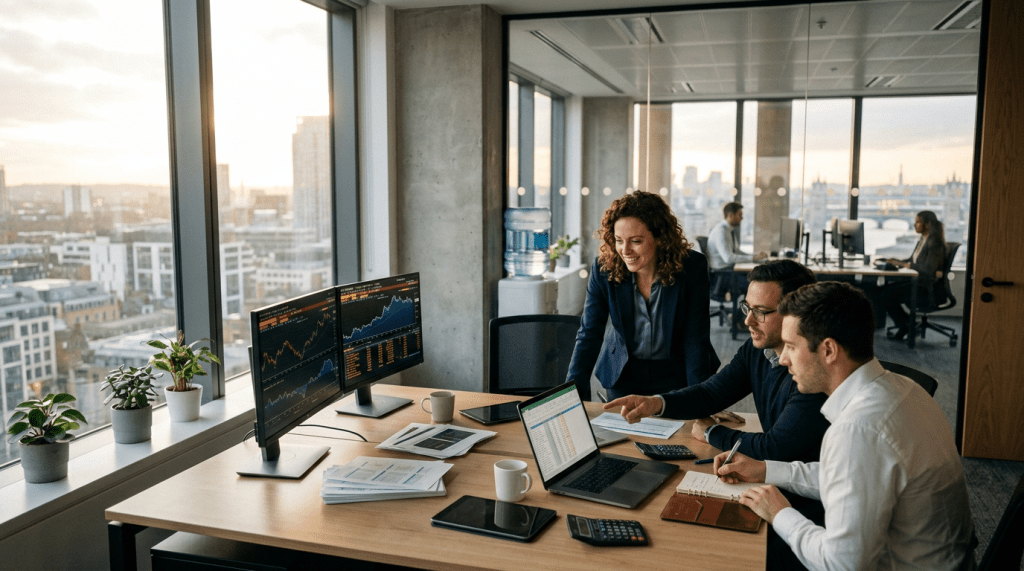 Three coworkers reviewing financial charts and spreadsheets on laptop and monitors