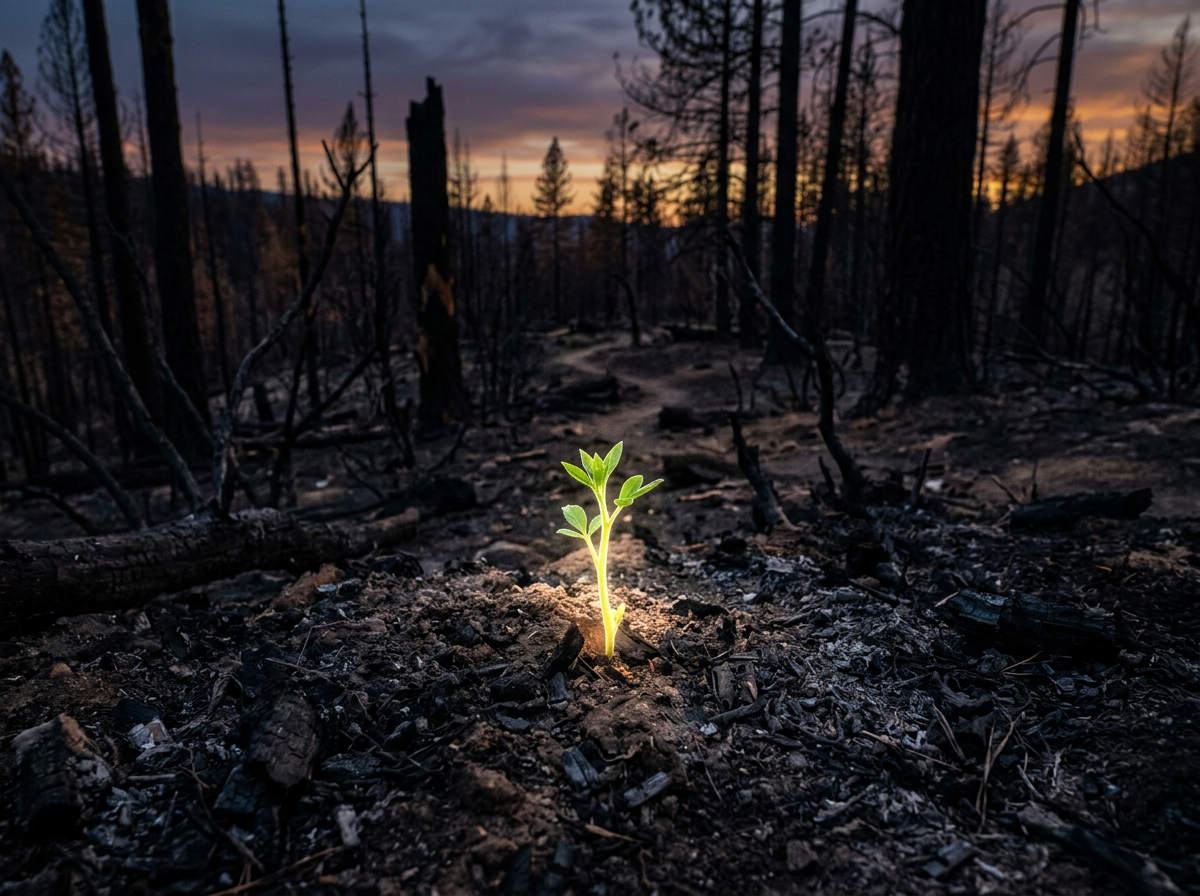 Green seedling sprouting from charred soil in a burnt forest